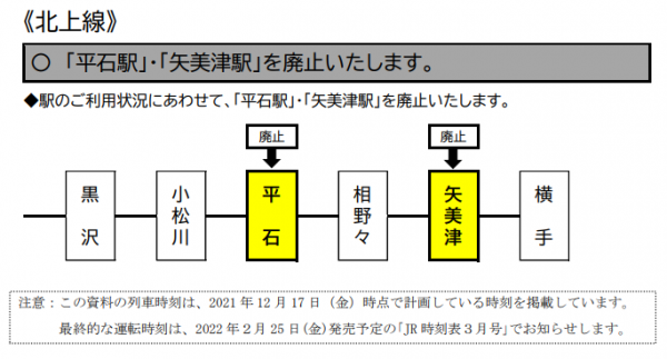JR東日本　2022年3月12日（土）　北上線の「平石駅」・「矢美津駅」を廃止いたします。