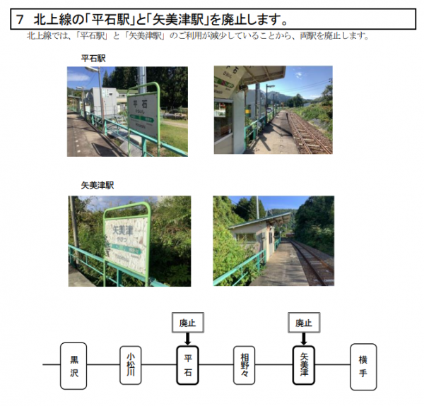 JR東日本　2021年12月17日　2022年3月12日（土）ダイヤ改正　ダイヤ改正について　北上線の「平石駅」・「矢美津駅」を廃止いたします。